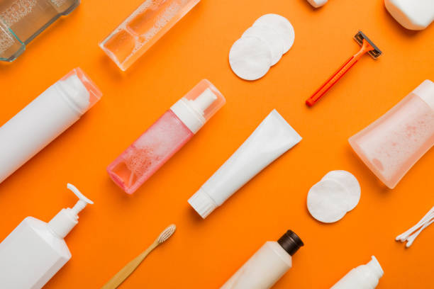 Mockup for bathing products top view flat lay, spa razor, toothpaste, soap, gel and other various accessories. Cosmetics for skin health. Bath Mockup for your logo