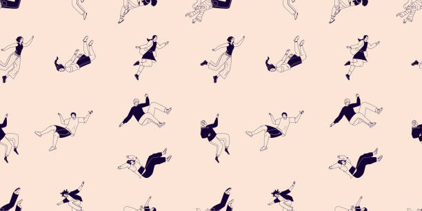 Trendy endless unique wallpaper with flying stylish people. Multi-ethnic community. Movement in air, falling young characters in different poses, happy guys and girls. Black and white background