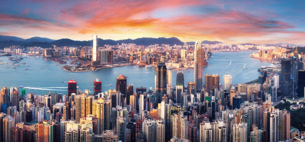 istock Hong Kong skyline panorama at dramatic sunset, China - Asia 2200326697