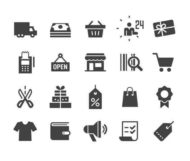 ilustraciones, imágenes clip art, dibujos animados e iconos de stock de conjunto de iconos de compras - serie clásica - compras