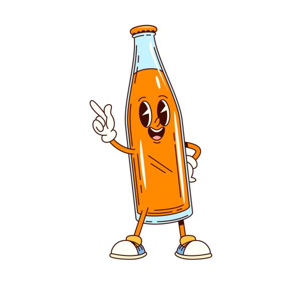 Groovy soda drink bottle character. Citrus fruit sweet drink retro groovy cheerful personage. Orange taste beverage cartoon isolated vector funny character or cold soda bottle vintage funky mascot