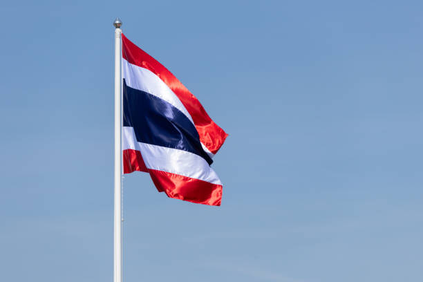 istock A red, white and blue flag with a white stripe. Thai Flag blowing on blue sky. 2200330290