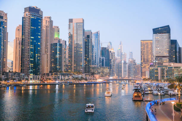 istock Dubai marina at dusk, illuminated docks and skyline 2200333449