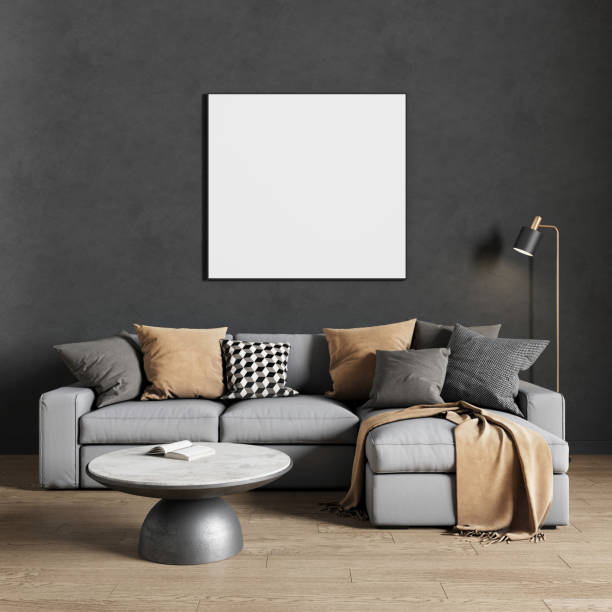 istock Empty frame for a picture or photo in the living room above the sofa. 3D rendering 2200344687