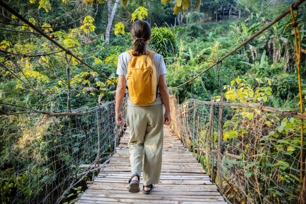 istock Woman with backpack on suspension bridge in rainforest 2200348113