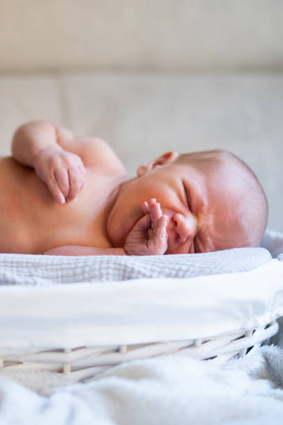 istock Newborn baby sleeping peacefully in a basket, sucking its thumb 2200348137