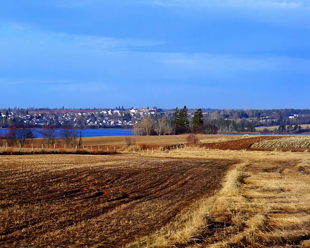 rural landscape view of a river and fields