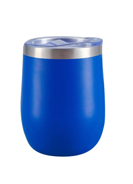 Blue colored insulated travel mug isolated on white background