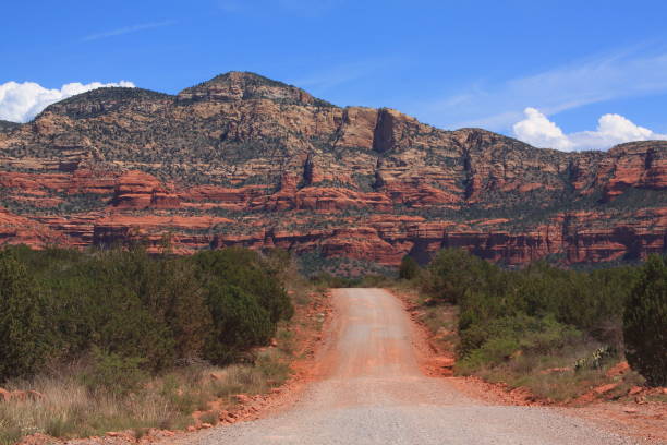 istock Dirt road cutting through desert vegetation leads toward red rock formations and rugged cliffs under a clear blue sky near Sedona, Arizona 2200353246