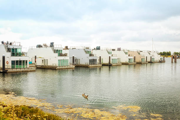 Floating houses at former naval harbour Olpenitz, Baltic Sea
