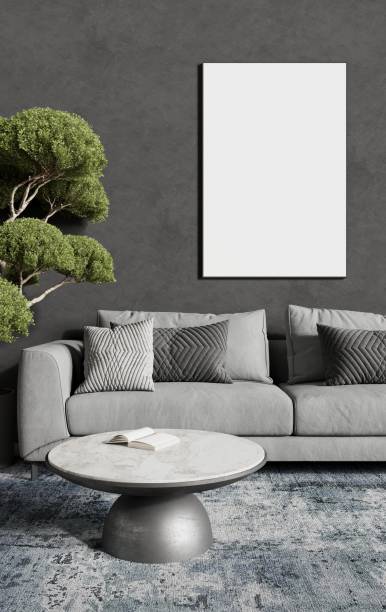 istock Empty frame for a picture or photo in the living room above the sofa. 3D rendering 2200367902