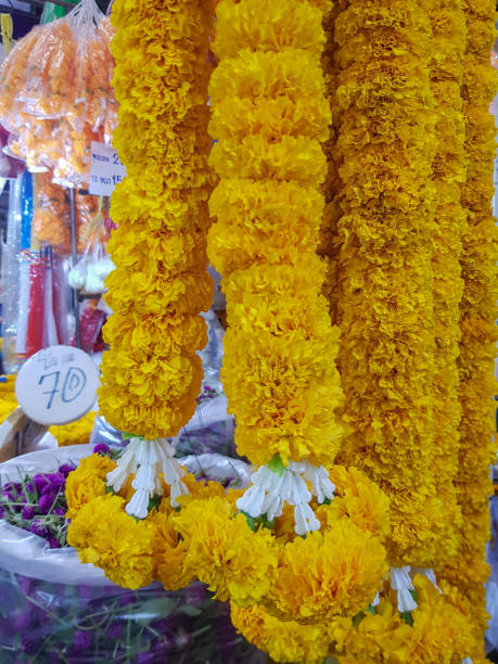 istock Yellow marigold garlands intertwining with white jasmine buds hanging from bustling bangkok market stall, showcasing traditional thai floral decorative arrangement 2200371938