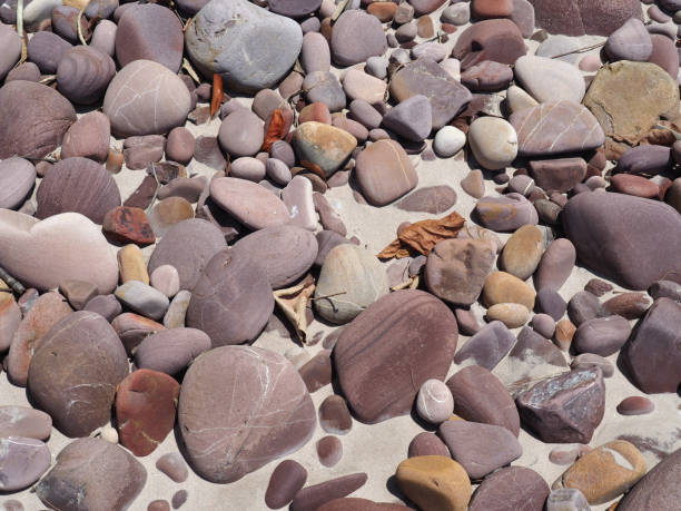Smooth, multicolored pebbles creating natural mosaic pattern on sandy thailand coastline, warm earthy stones blending with pale beach surface in serene landscape composition