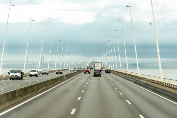 Le Havre, France - August 23, 2017: Traffic at Pont de Normandie, bridge over river Seine near Le Havre in France