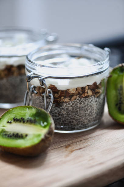 istock Delicious Chia Pudding in Jars Ready for Breakfast on The Go 2200379474
