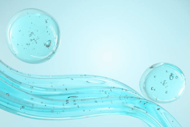 istock Abstract 3D splash of liquid, water drops, molecules with bubbles on blue background. Concept of cosmetics, science, and medicine. Pattern, template for products, designs, place for text. 2200383187