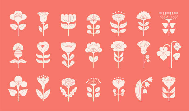 Geometric flowers collection, Nordic, Scandinavian style flowers illustrations. Red, blue modern flowers vector design