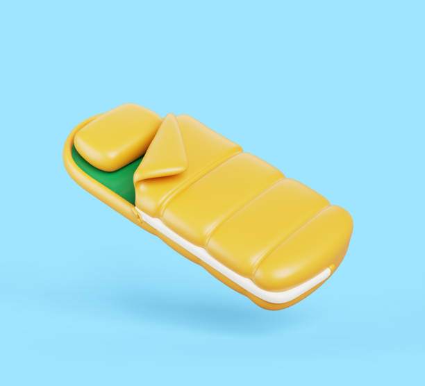 istock 3d sleeping bag with pillow cartoon render icon. Camping equipment for travel, hiking, activity vacation. Yellow green bedroll for summer outdoor adventure isolated on blue background 2200385283