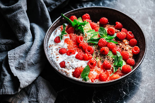 istock Healthy breakfast bowl with chia, avocado and raspberries 2200386051