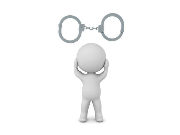 Stressed 3D Character with hand cuffs above him. 3D Rendering isolated on white.