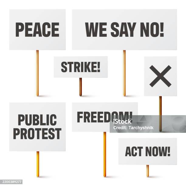 Blank White Protest Signs With Text Slogans On Wooden Holder Various Realistic Vector Demonstration Banners Strike Action Cardboard Placard Mockup Social Advertisement Vector Illustration - からっぽのベクターアート素材や画像を多数ご用意
