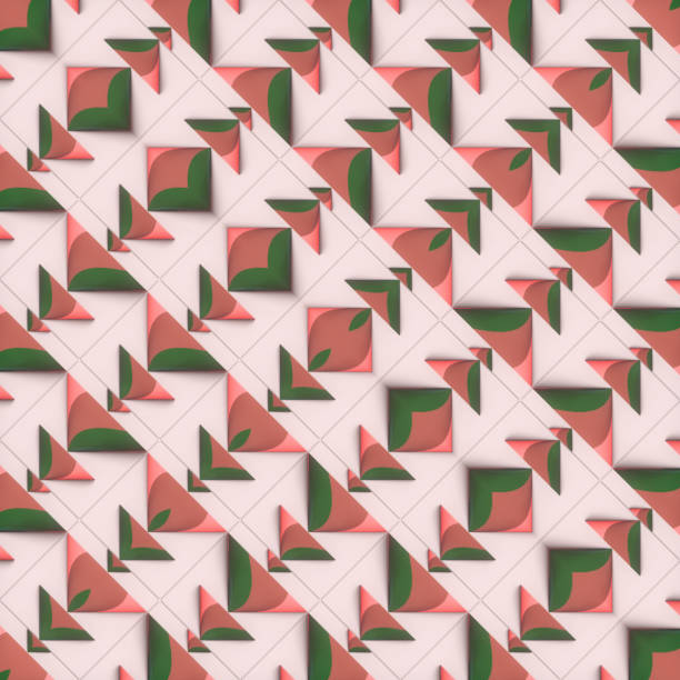 Geometric illustration with pink and green conical shapes on a light pink background. The symmetrical pattern and changing shapes emphasize minimalism. 3d rendering