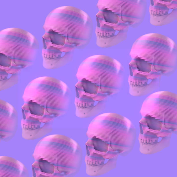 Abstract pattern of colored skulls formed by a series of colored stripes on a light purple background. 3d rendering digital illustration