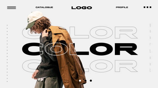 Minimalist web layout. Man in oversized brown trench coat, green sweater, cap, against monochrome background with interactive menu elements and typography. Concept of business style, fashion, trends