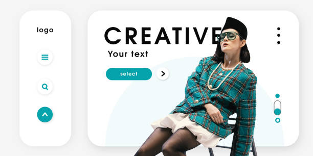 Confident woman in plaid blazer and white skirt, sitting against clean web design interface with modern typography. Minimalistic landing page design ideas. Concept of business style, fashion, trends