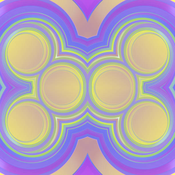 Colorful abstract design with purple background and yellow circles. Visually appealing composition creates a sense of depth and motion. Attractive and memorable digital illustration. 3d rendering