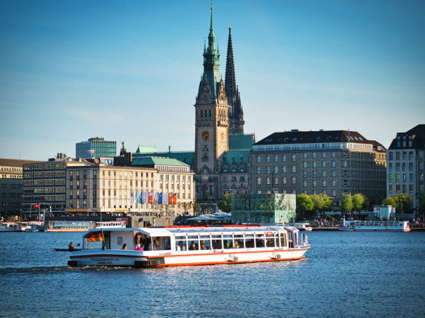Germany, Hamburg, Downtown, Binnenalster,  September 30, 2025 - Passenger ships on the Hamburg Binnenalster in front of buildings and hotels