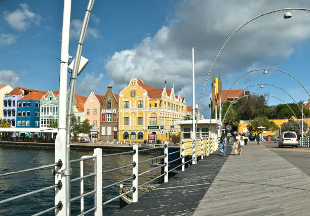 View from the Queen Emma Bridge onto the historic commercial buildings in Punda: Colorful colonial architecture reflects in the water while the lively waterfront captures the charm of Willemstad.