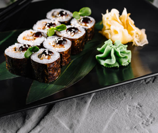 istock Gourmet sushi platter on elegant black plate 2200396714