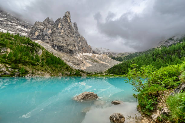 istock Lago di Sorapis in the Dolomites during an overcast springtime day 2200399310