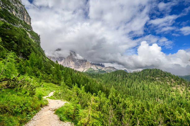View on the Gruppo del Cristallo with the Monte Cristallo mountain range over Cortina D'Ampezzo in the Italian Dolomites during a springtime day.