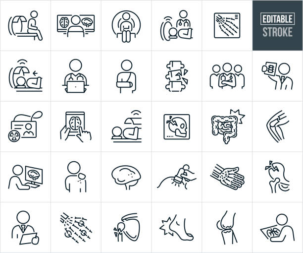 illustrazioni stock, clip art, cartoni animati e icone di tendenza di icone della linea sottile della radiologia - tratto modificabile - le icone includono radiologi, pazienti, risonanza magnetica, scansione tc, raggi x, imaging medico, assistenza sanitaria, professionista medico, osso rotto, cranio fratturato, anca rotta, u - osso-immagine