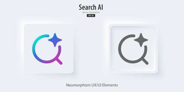 stockillustraties, clipart, cartoons en iconen met modern ai search engines button. analysis from machine learning. search button in trendy neuromorphic style for apps, websites, and interfaces. ui ux elements. vector illustration. - zoeken