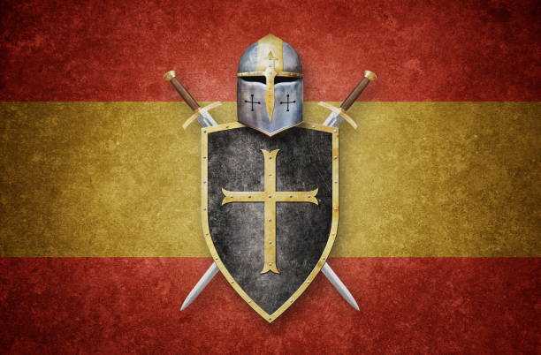knight's weapon decorated with gold on spanish flag colors background