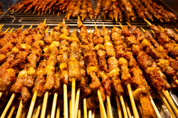 Barbecue lamb kebabs at night markets