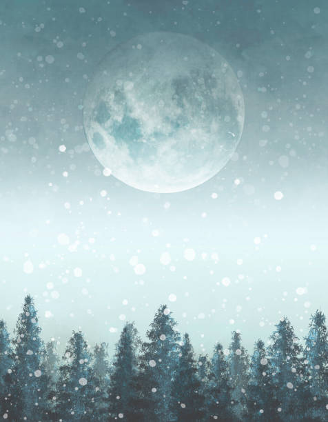 Ethereal Full Moon and Evergreen Trees on Snowy Winter Day. Twilight. Poster, Wall Art, Wall Decor, Wall Hanging. Elements of this image are provided by NASA. Source: https://science.nasa.gov/resource/supermoon-2014/