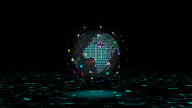 istock Blue technology icon and hexagon shape with earth sphere rotation on futuristic abstract background concept 2200420826