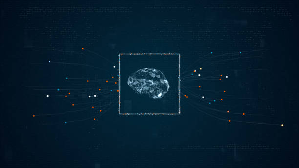 Blue digital brain AI assistant logo with particles dot spread on abstract background with Ai chatbot and robot machine learning technology concept