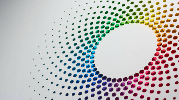 istock Colorful abstract circular pattern cut from paper with gradient dots in modern still life photography 2200423519