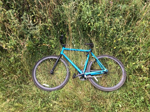 istock A blue modern bicycle without gears stands in the field 2200424425