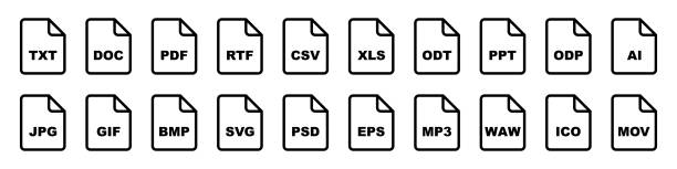 Black and white vector icons of various file formats, including text, image, audio, and document types. Black and white vector icons of various file formats, including text, image, audio, and document types. odt stock illustrations