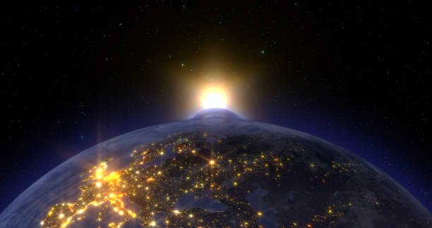 istock Slow sunrise on planet earth with moon. Seen from space above globe, bright glowing sun and light from earth illumination 2200426362