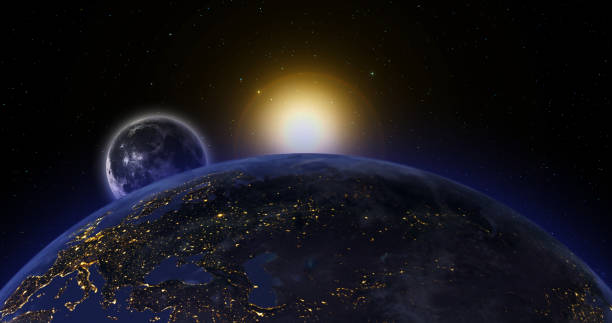 Lunar eclipse, satellite covers the sun moving along the orbit. Open space, stars. 3D animation. High quality 3d illustration