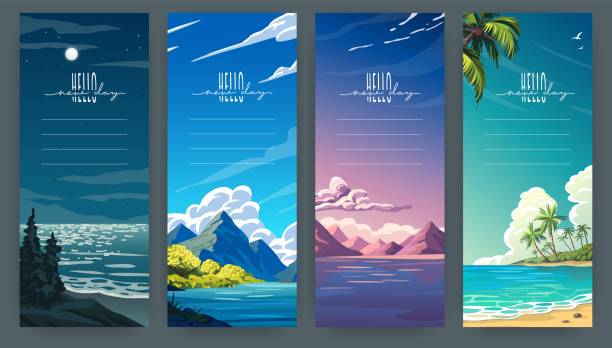 Sea beach. Summer ocean vacation with sunset, landscape design background for resort banner. Night, sunset and day. Mountains with trees and clouds on background. Vector vertical posters design set