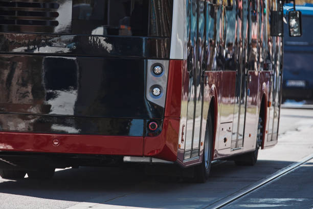 istock Red bus for public transportation on city streets. 2200427171