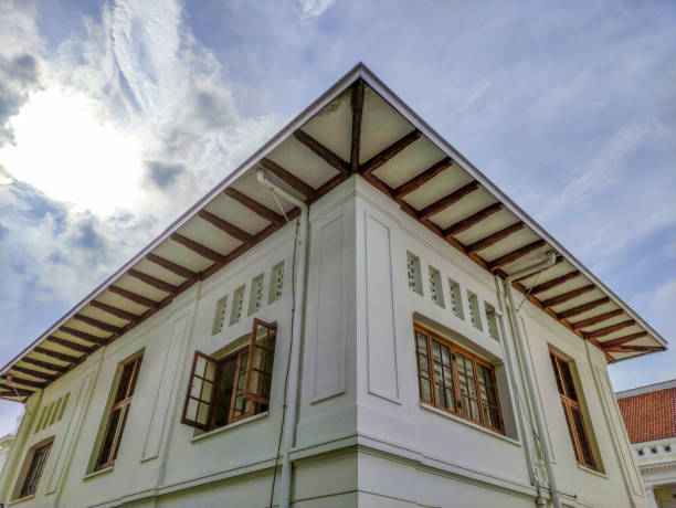 Colonial Style White Building with Wooden Windows on a Clear Sky Day